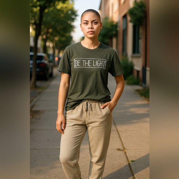 Women's Religious "Be The Light" Olive Green Cotton Tee-Shirt - Picture 1 of 6